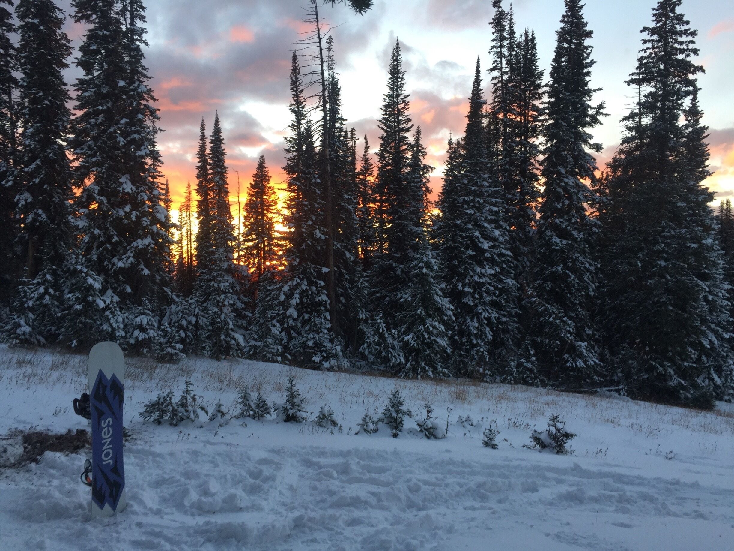 A snow-covered landscape with a snowboard leaning against a pole, surrounded by tall evergreen trees and a sunset in the background.