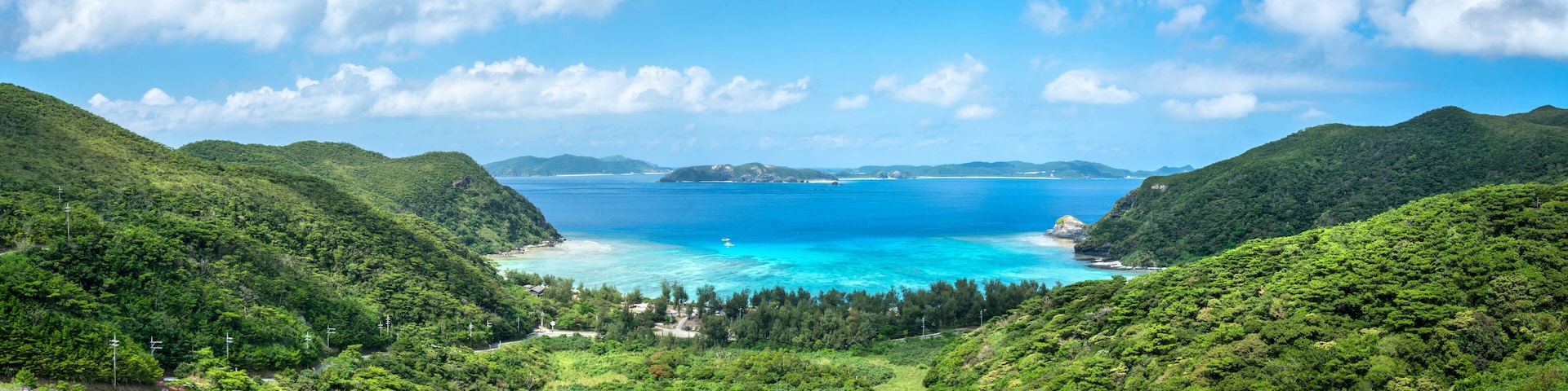 A coastal landscape with lush green hills, a clear blue sea, and a small beach.