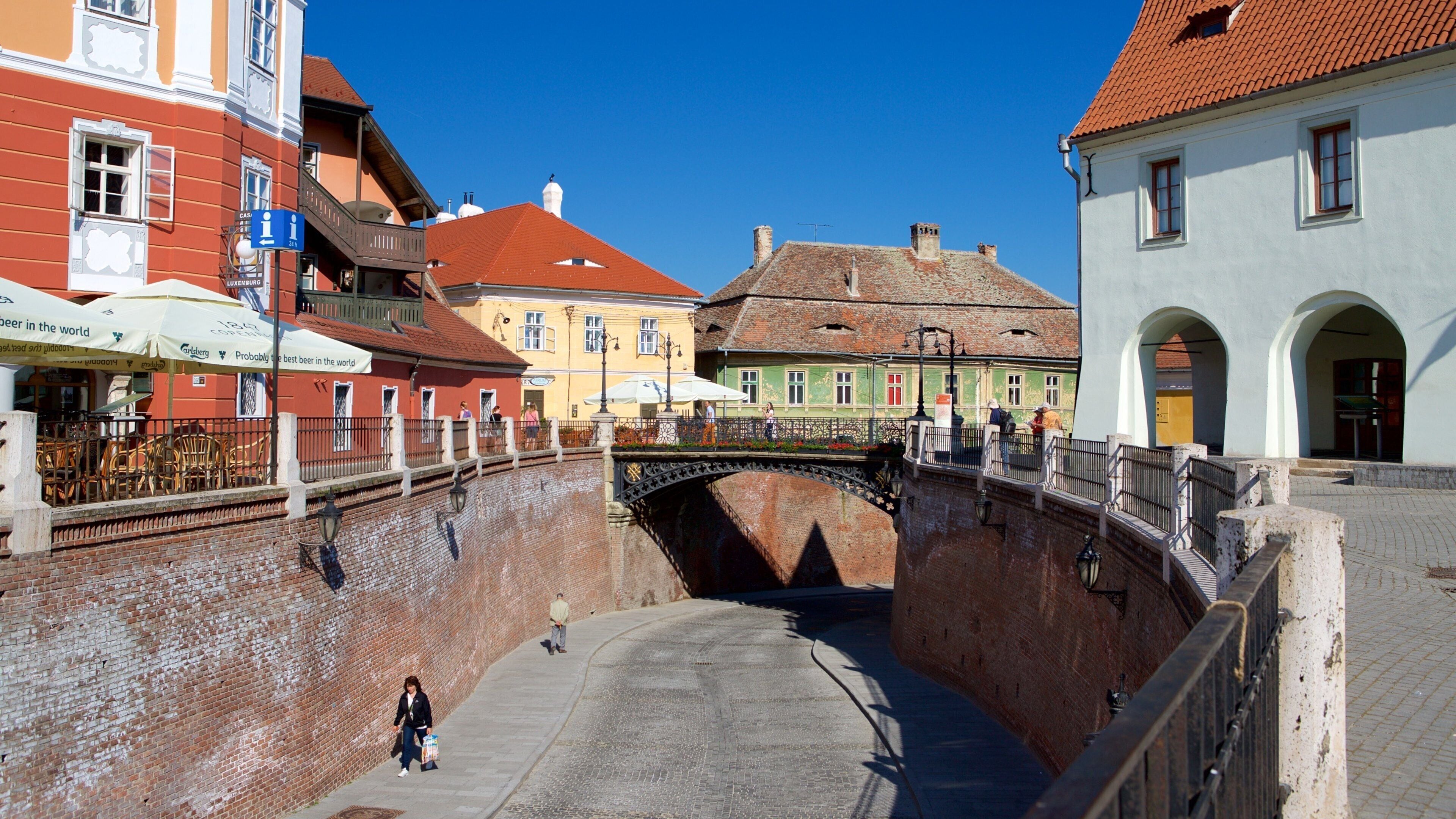 A historic stone bridge in a European town with colorful buildings and a clear blue sky.