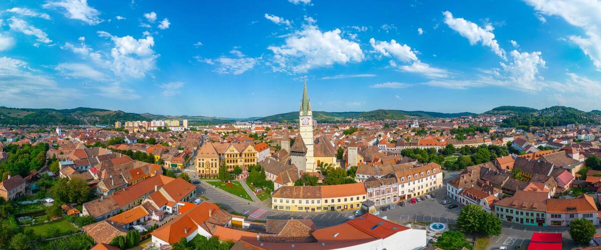 A panoramic view of a town with a prominent church tower and surrounding buildings.