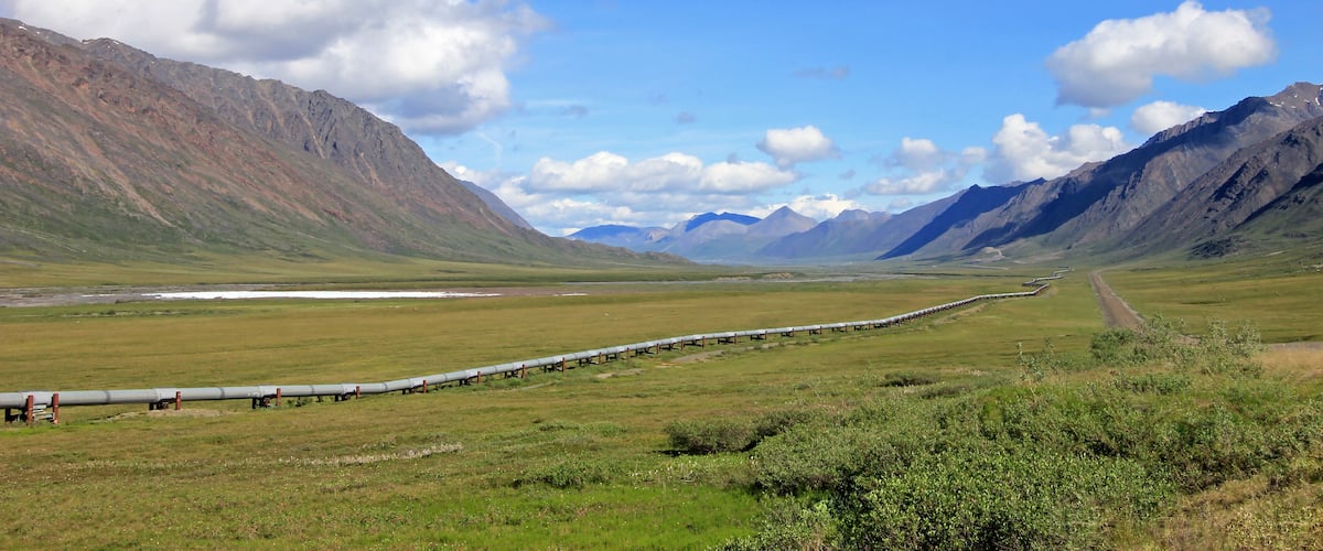 View of Dalton Highway with oil pipeline, leading from Valdez, Fairbanks to Prudhoe Bay, Alaska, USA