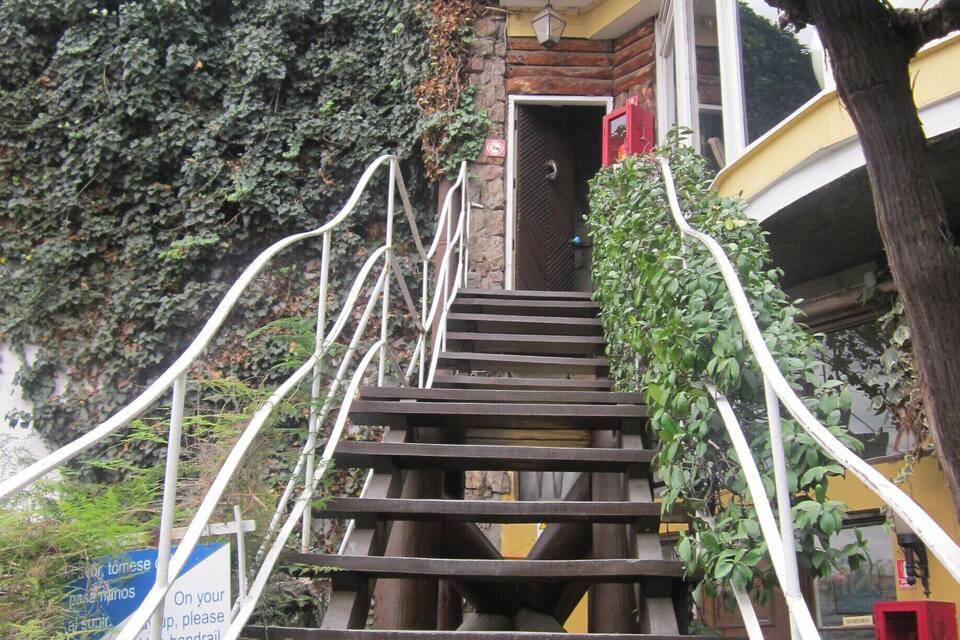 A wooden staircase with metal railings, surrounded by greenery and ivy.