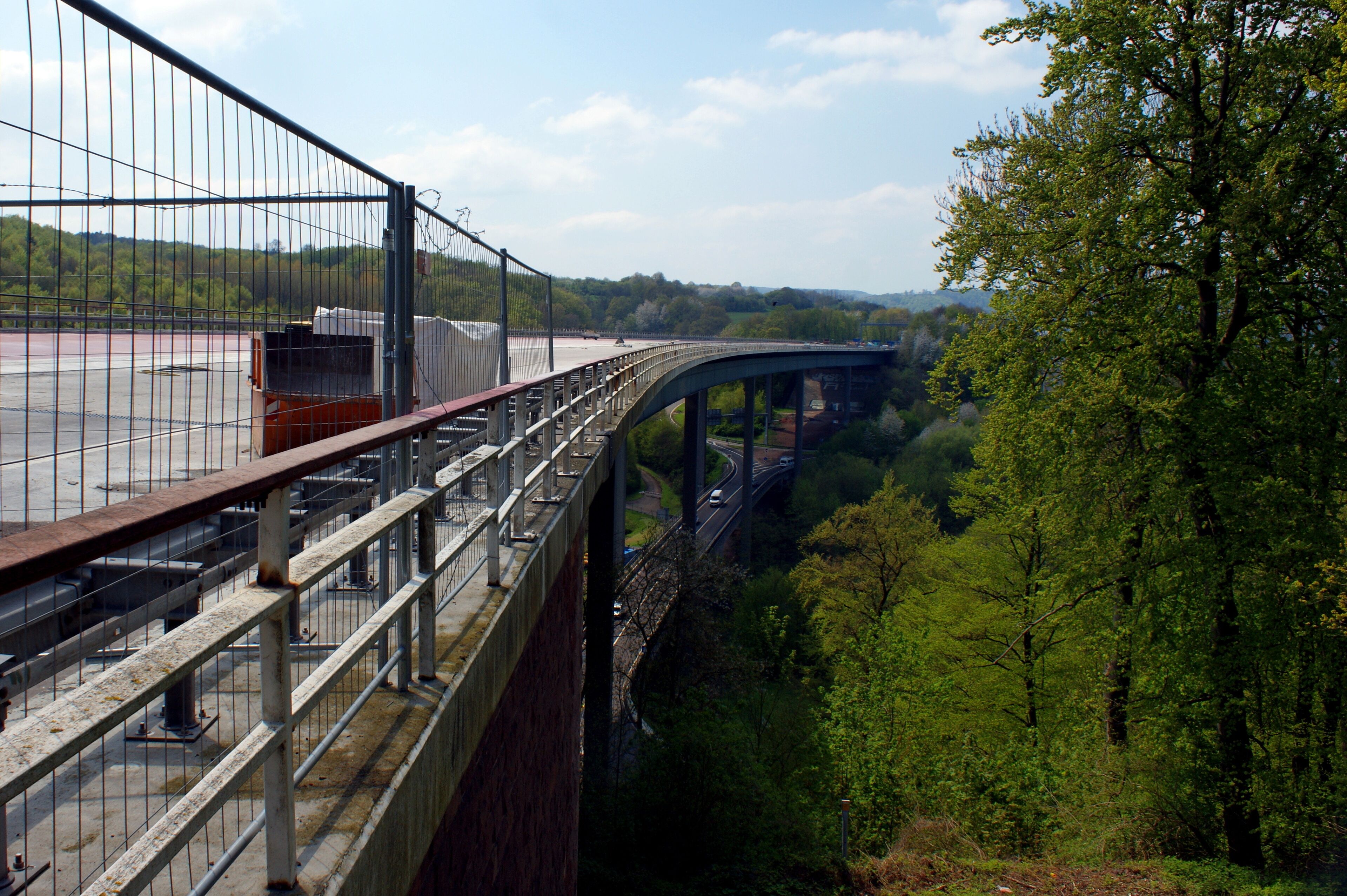 A bridge with a metal railing and a road beneath it, surrounded by trees and greenery.