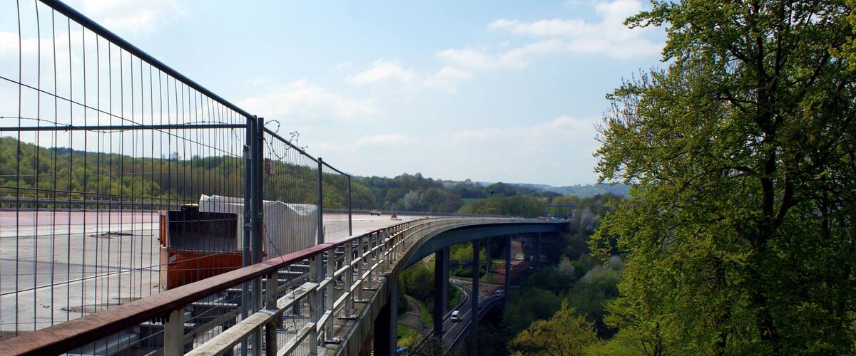 A bridge with a metal railing and a road beneath it, surrounded by trees and greenery.