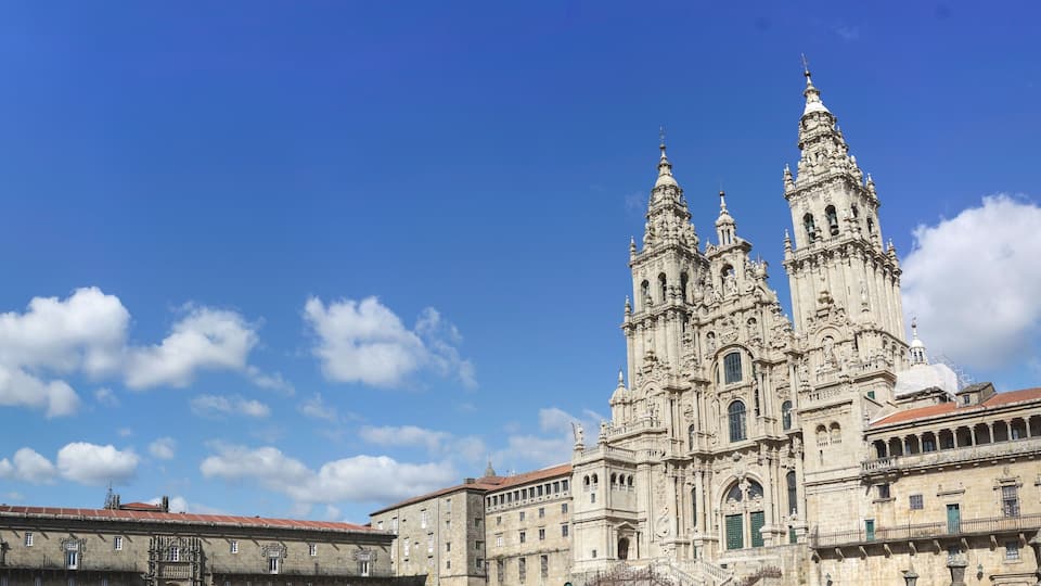 Panoramic shot of the Santiago de Compostela under a blue sky in Spain