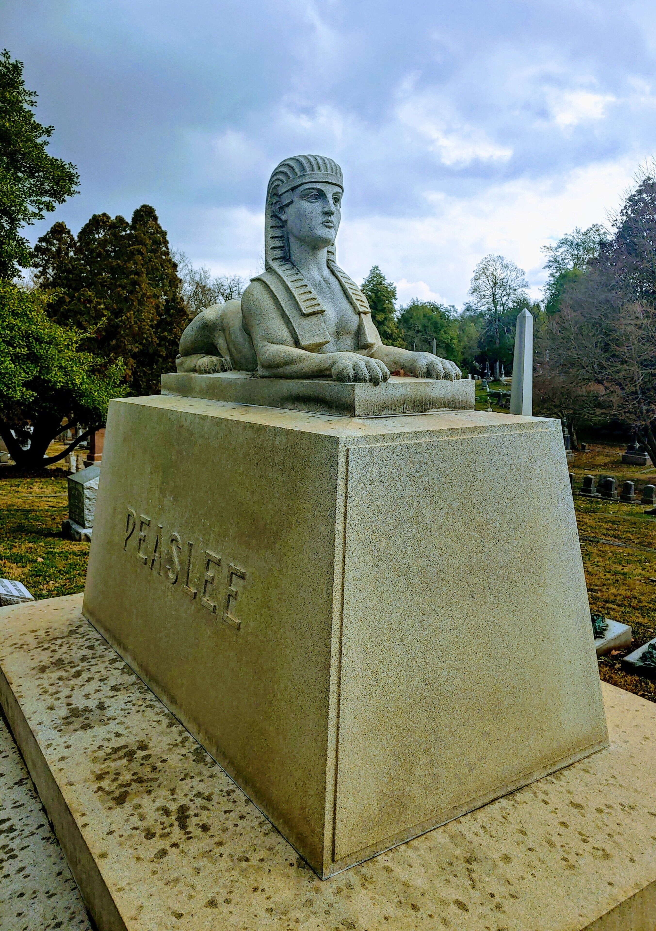Eleanor Peaslee died, her surviving sisters thought a family tomb beneath a granite sphinx would be a fitting tribute. So, they sold one of their summer cottages and commissioned the work. 

However, the infatuation with Egyptian architecture was apparently a passing fancy. When the sisters' time to move on from this life had come, they were interred elsewhere.