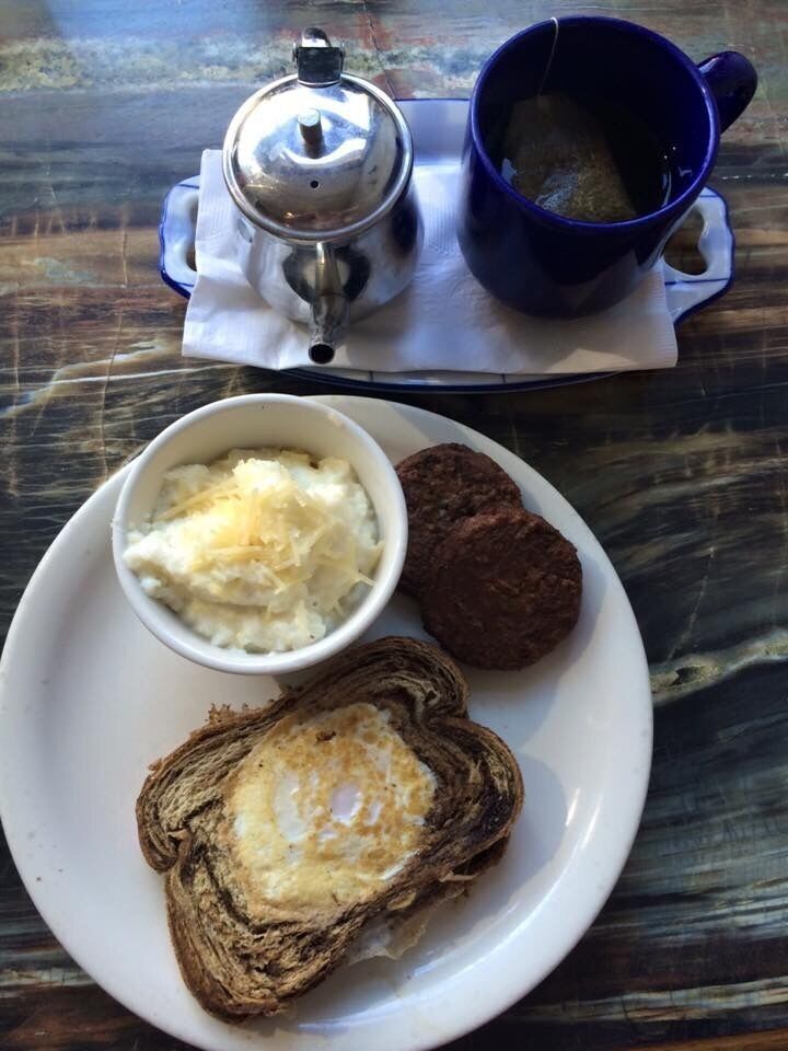 My first time here. They were very crowded so I had a short wait. Very friendly. Local restaurant. Very quaint.  Definitely go if you get the opportunity. Very delicious. 

Breakfast with my good friend, John, whose moving out of town Friday, for a new job.  #HappyForHim  ..... #EggInAHole #VeggieSausage #CheeseGrits #ChamomileTea #EggsOverFrankfort #FrankfortAvenue  ... " The greatest gift of life is friendship, and I have received it." Hubert H. Humphrey

