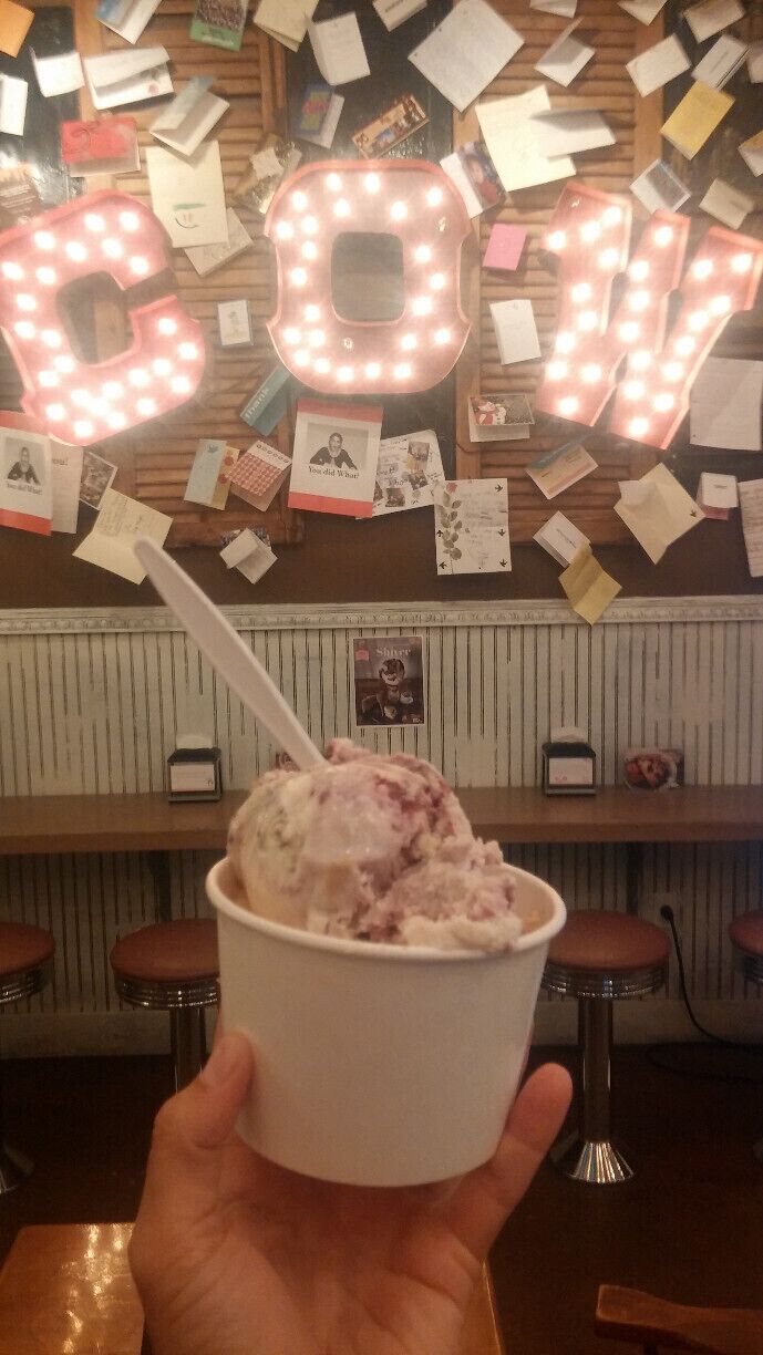 A trio of flavors from the Comfy Cow including Blackberry Cobbler a la Mode, Ginger 2 Snaps and This Little Piggy (butter pecan with caramel bacon brittle).
