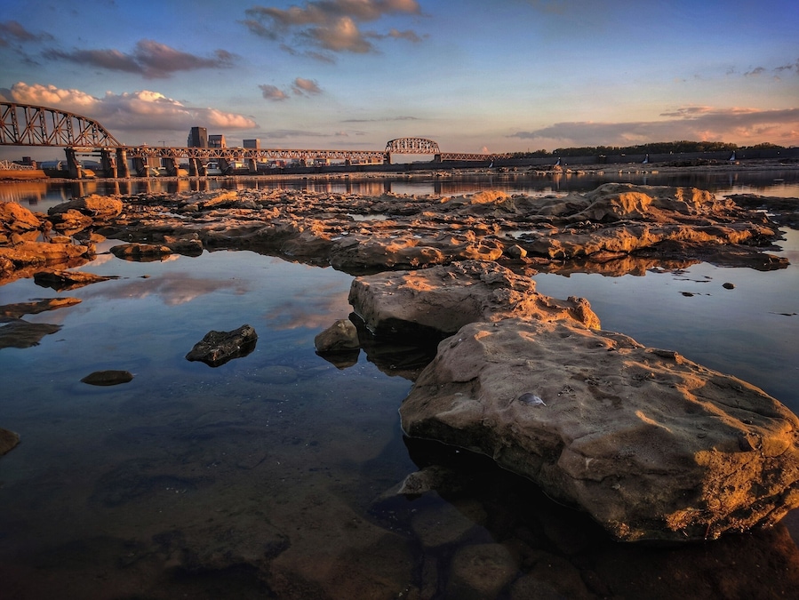 View of Louisville from the Falls of the Ohio at Golden Hour. #BVSblue
