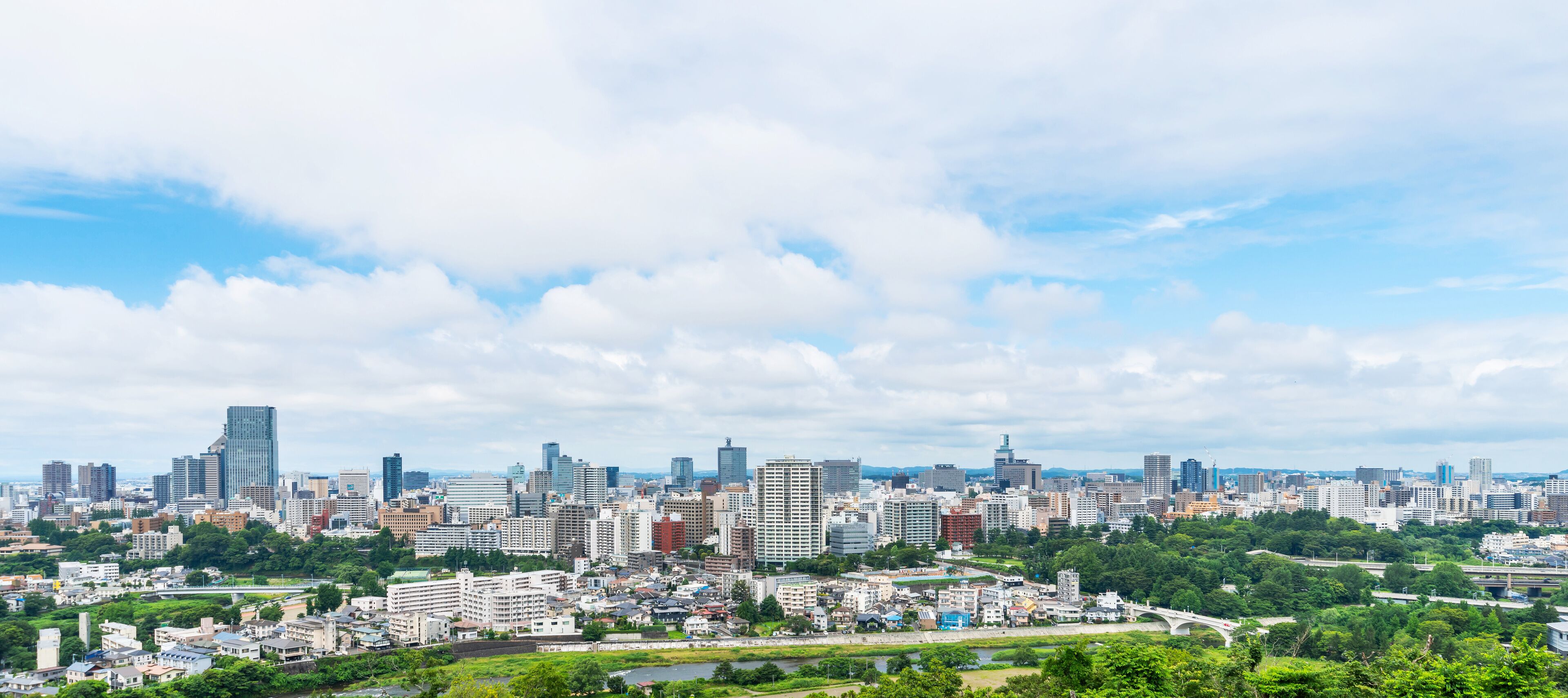 city skyline aerial view of Sendai in Japan
