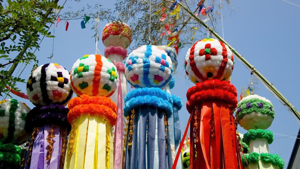 Traditional japanese paper decoration on bamboo poles. Tanabata festival, Sendai, Japan