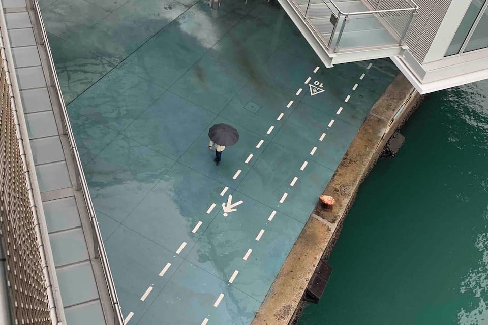 Een voetgangersbrug over water, met een persoon met een paraplu.