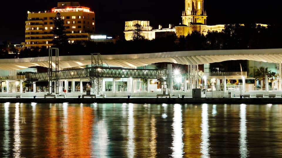 Evening photo of the harbor promenade and Castillo de Gibralfaro, Málaga, Spain.