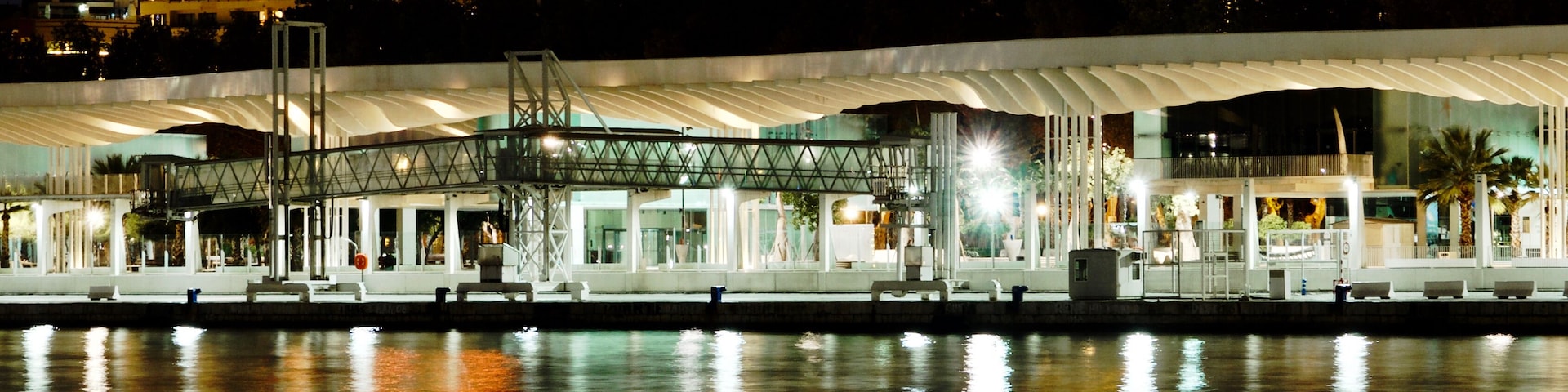 Evening photo of the harbor promenade and Castillo de Gibralfaro, Málaga, Spain.