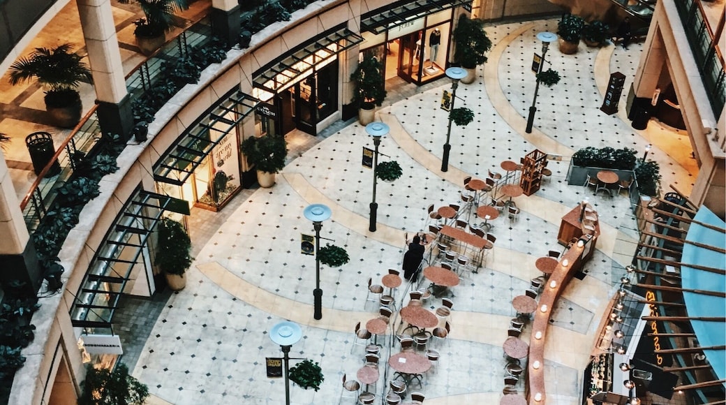 A nice multi-level mall in the middle of the city.