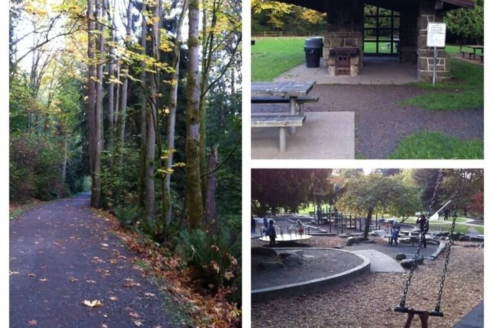 Una zona boscosa amb un camí pavimentat, un refugi per fer pícnic i un parc infantil amb cadira d'oscil·lació.