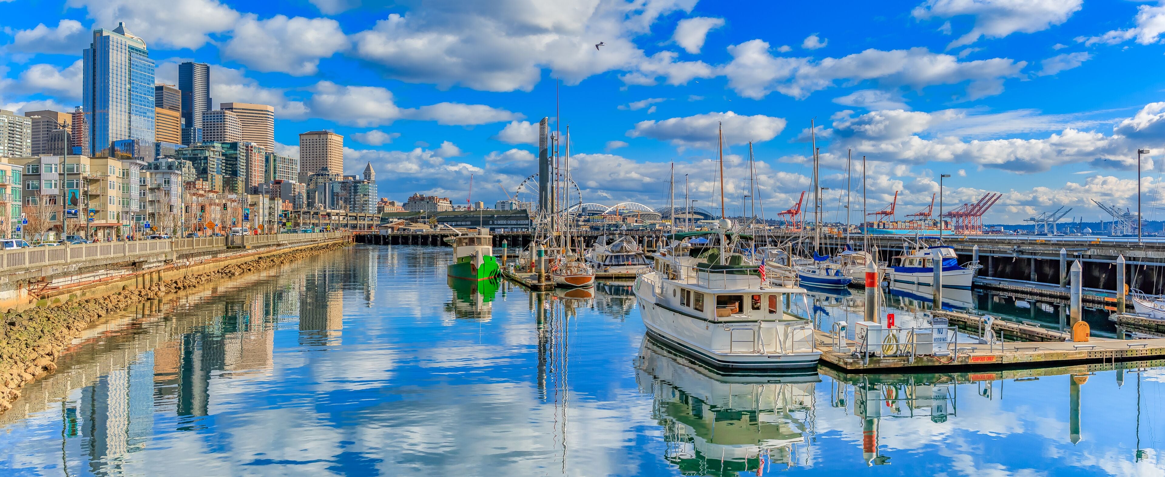 Puerto deportivo con barcos, silueta de una ciudad y cielo azul despejado.