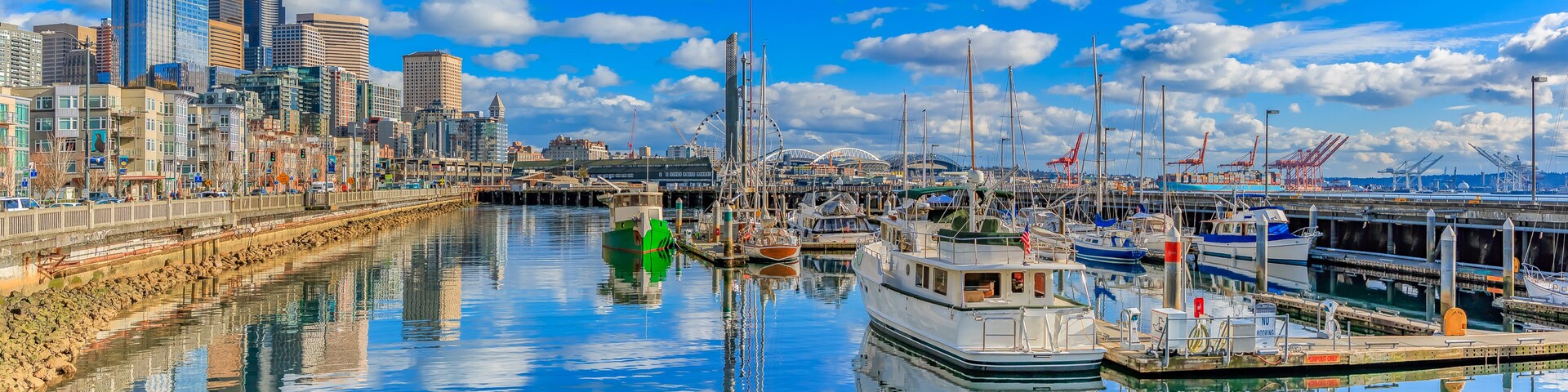 Puerto deportivo con barcos, silueta de una ciudad y cielo azul despejado.