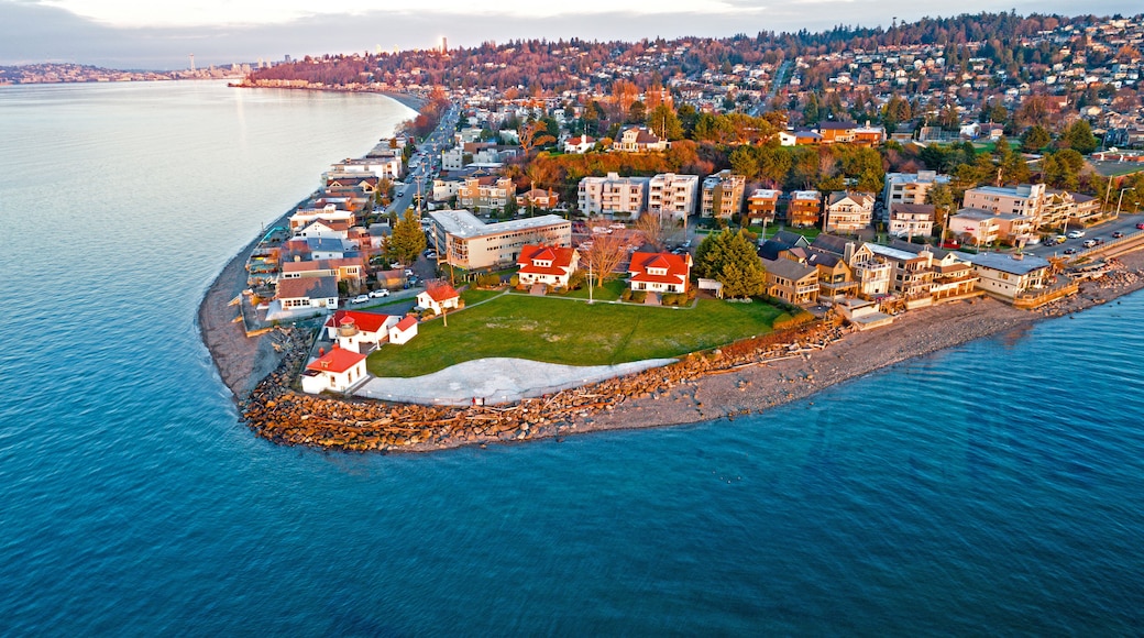 A coastal town with a lighthouse, red-roofed buildings, and a rocky shoreline.