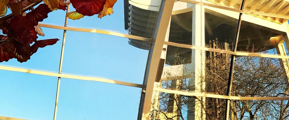 I love this picture of the Chihuly glass ceiling art and the bottom of the Seattle Space Needle. The rest of the week we were in Seattle it was cloudy so I really lucked out with this one day of beautiful blue sky.