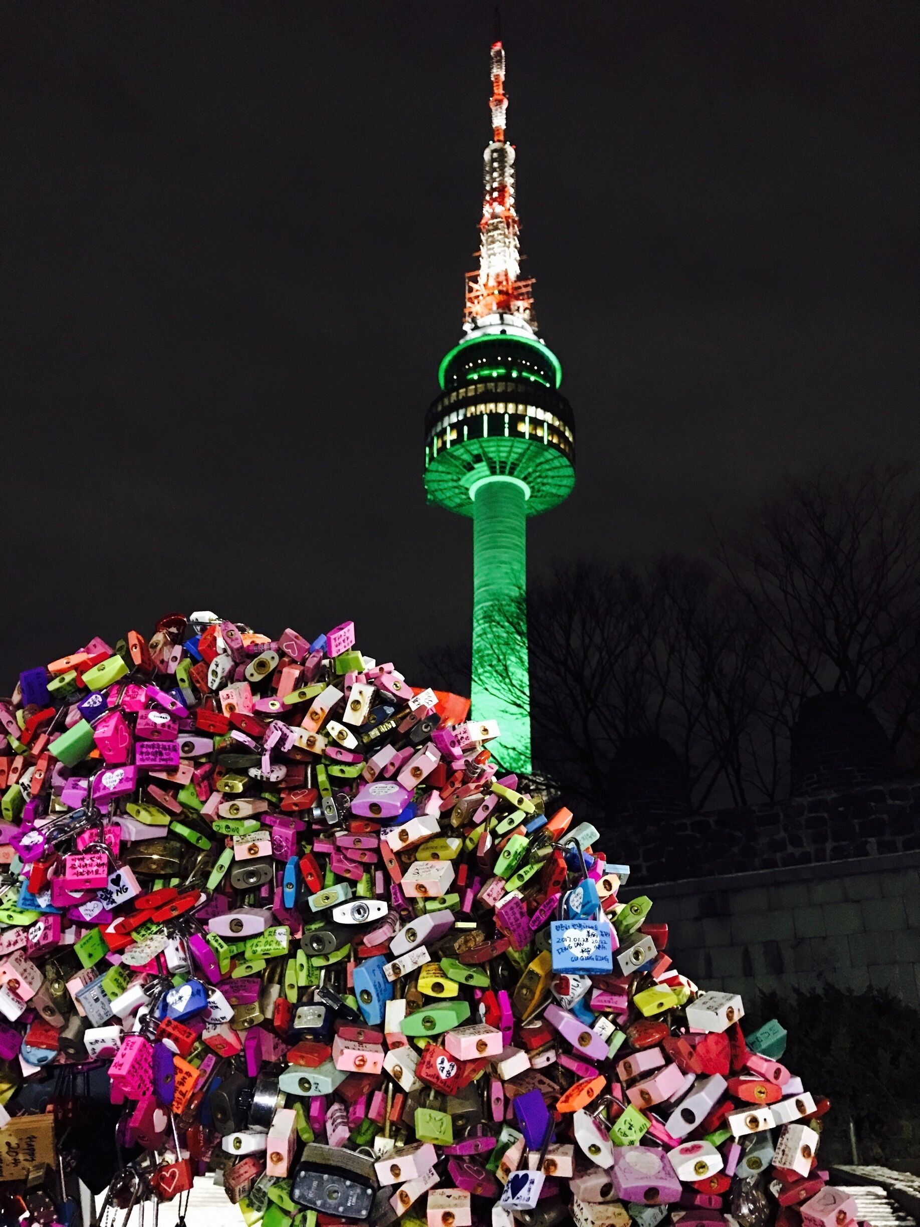 The colours in this view are simply amazing. Looking up at N Seoul Tower through some of the love locks...worth it:) 