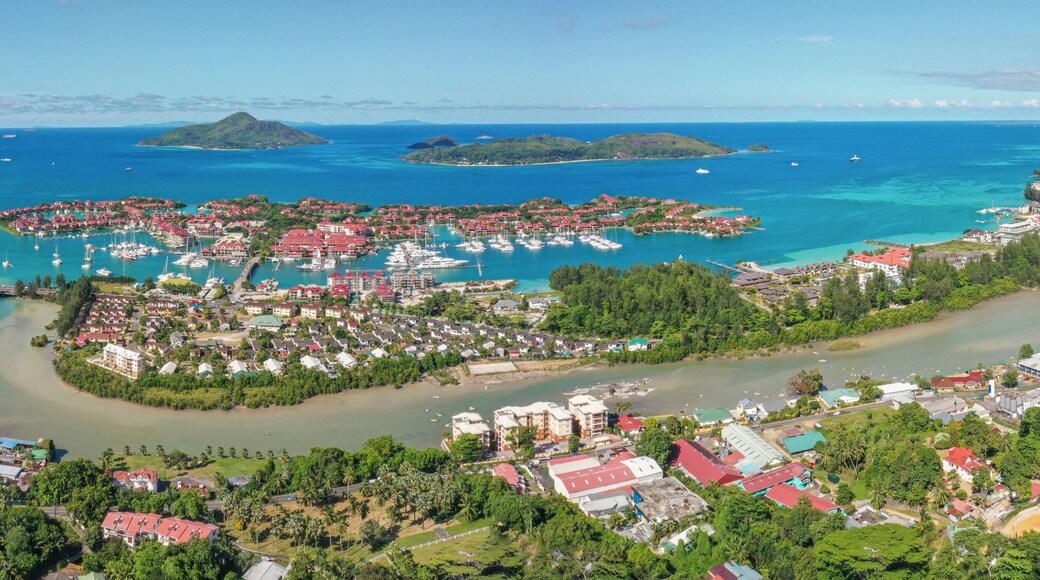 Panoramic aerial view of Victoria, Eden Island and the St. Anne Marine National Park on the East coast of Mahé, Seychelles.