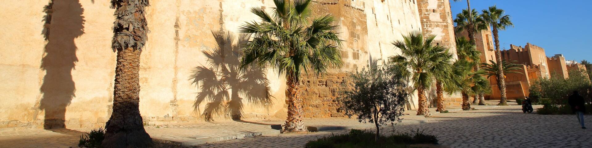 The impressive ramparts of the medina surrounded by colorful palmtrees and a large cobbled walkway in Sfax, Tunisia