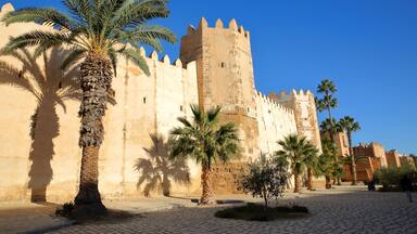 The impressive ramparts of the medina surrounded by colorful palmtrees and a large cobbled walkway in Sfax, Tunisia