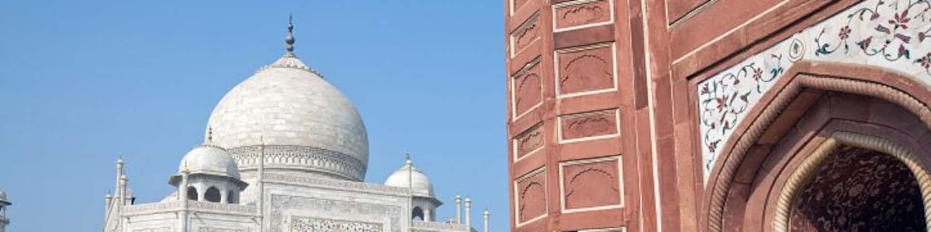 India, Uttar Pradesh, Agra, Taj Mahal and brick building