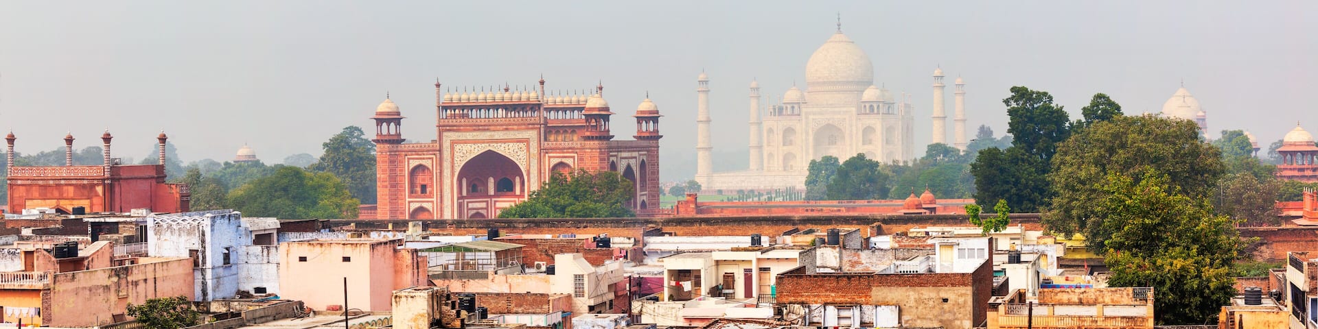 Panorama of Taj Mahal view over roofs of Agra