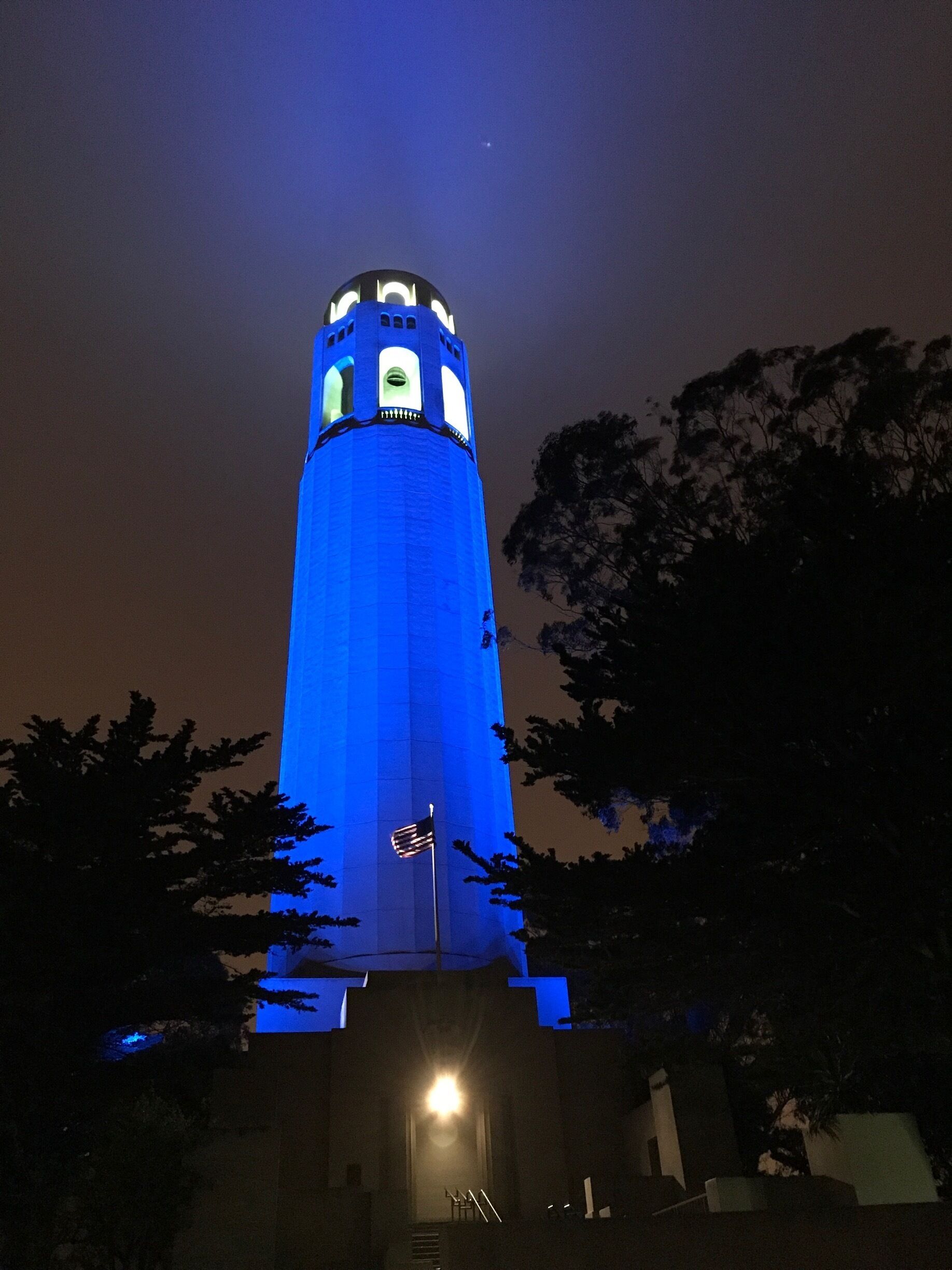 Took this picture around midnight, 5/517 this was the first time I had seen the tower bathed in blue light. I've only seen white light. I was expecting the place to be deserted but to my surprise the parking lot was almost full of cars. San Francisco's version of lovers lane as there wasn't anybody outside of their vehicles.