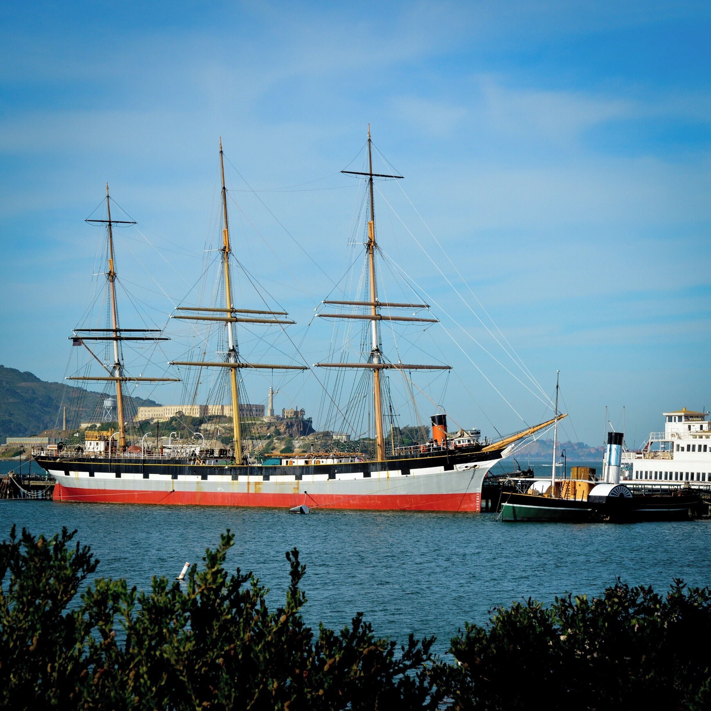 Ladies and Gentleman... I present The Sailing Ship Balclutha ! 
This steel-hulled was built in 1886 in Scotland. A classic square rigged ship preserved by the San Francisco Maritime National Historical Park.
Located down the hill from Ghirardellis Chocolate at Fishermans Wharf.