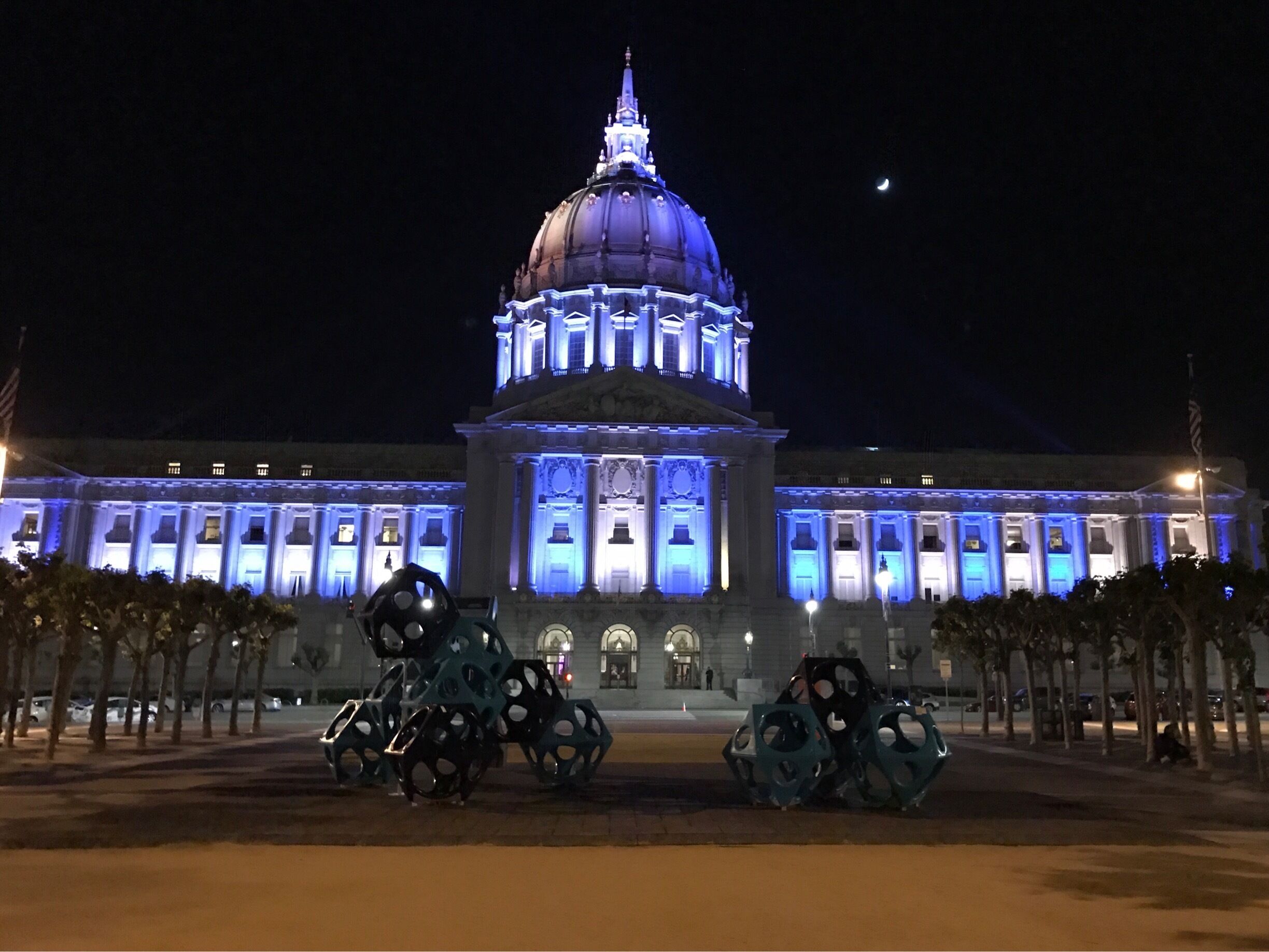 City Hall SanFrancisco. 
They light up the building in different colors for the occasion. Red and green for Christmas with a great big xmas tree in front of it. red white and blue for 4th of July, and so on. 