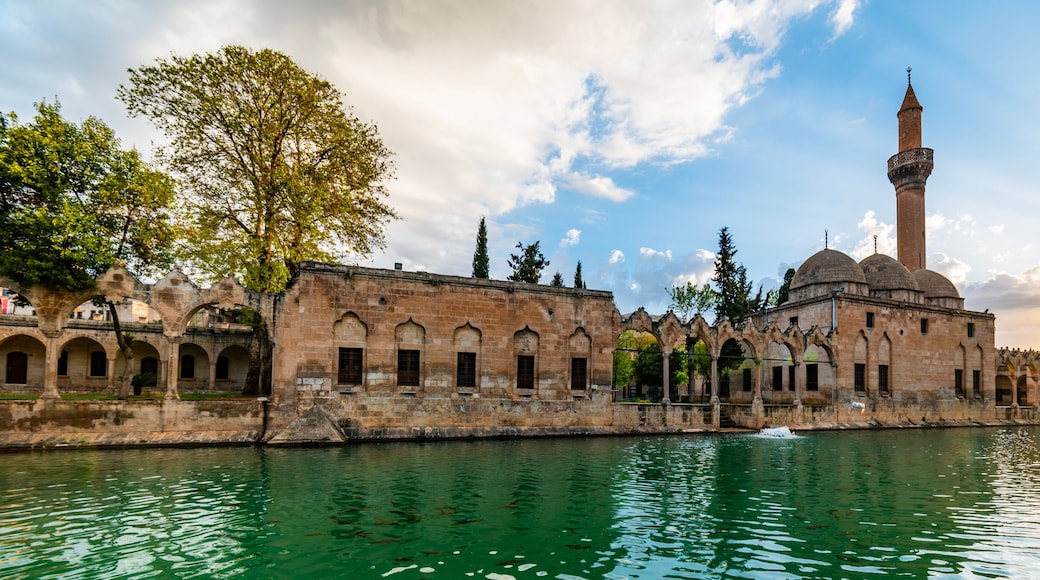 Balikligol (Fish Lake) in Sanliurfa, Turkey. Halil-ur Rahman Lake and Rizvaniye Mosque view. Balikligol the most visited places in Sanliurfa.