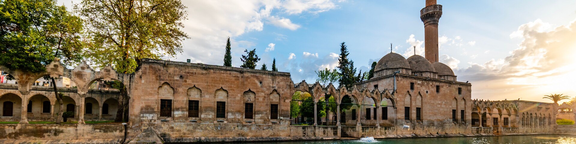 Balikligol (Fish Lake) in Sanliurfa, Turkey. Halil-ur Rahman Lake and Rizvaniye Mosque view. Balikligol the most visited places in Sanliurfa.