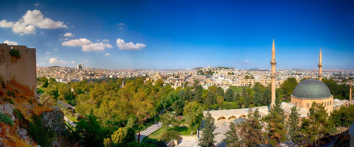 A cityscape with a prominent mosque featuring a large dome and two minarets, surrounded by greenery and urban buildings.