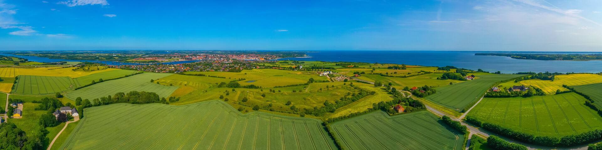Panorama view of Dybböl Banke historical site commemorating war between Prussia and Denmark in 1864 near Sonderborg, Denmark