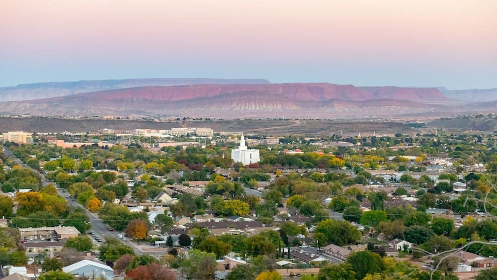 Beautiful St George, Utah! Fun fact: no other structure in town can be taller than the Mormon temple #stgeorge #southern #utah #temple #city #canyons #sunset #travel #wanderlust
