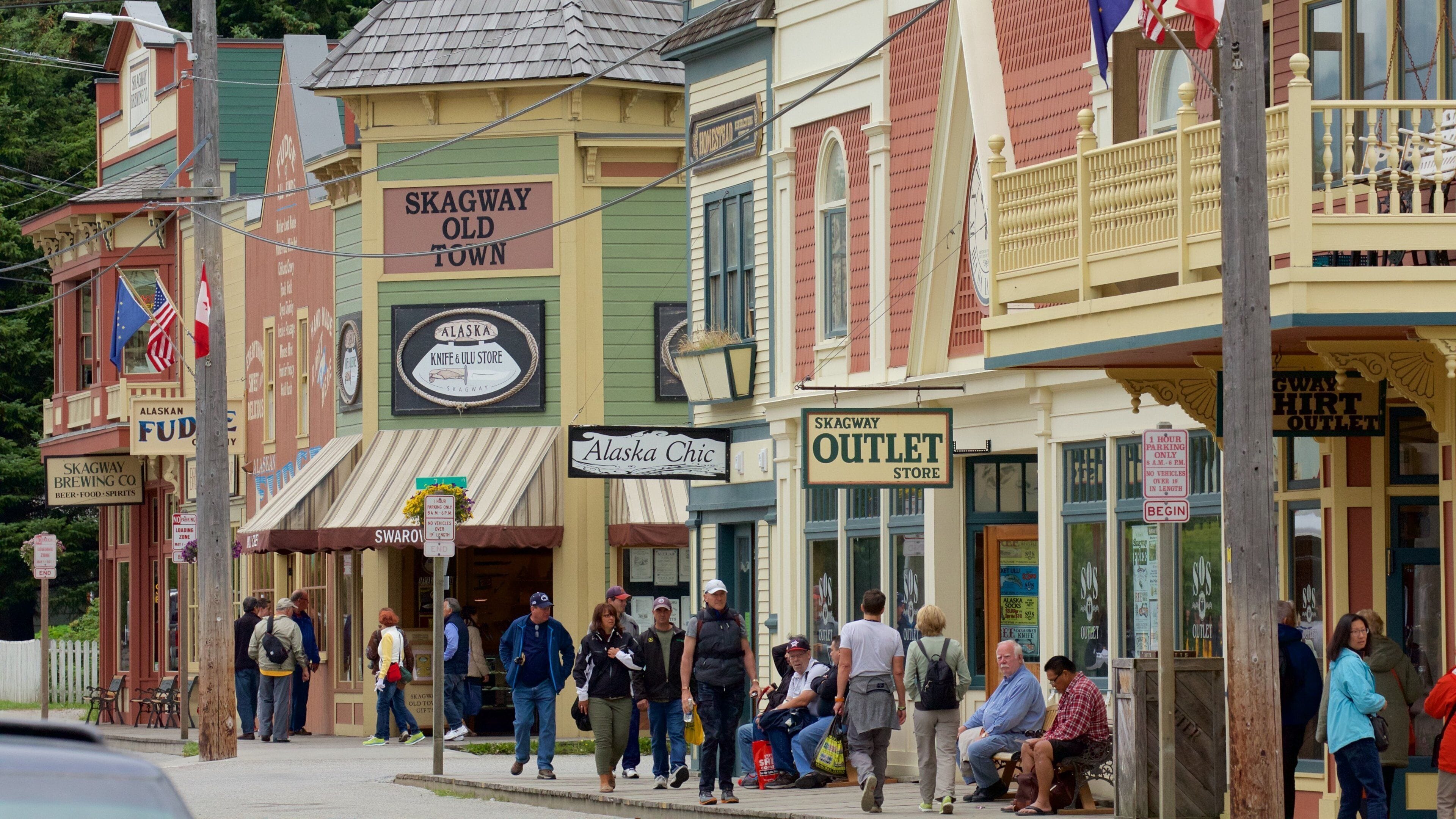 Skagway which includes a small town or village as well as a large group of people