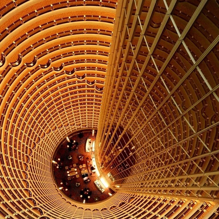 View of the Grand Hyatt Shanghai from the observation deck. The hotel occupies floors 53-87 of the tower, making it one of the world's highest hotels and giving it the second tallest atrium.
