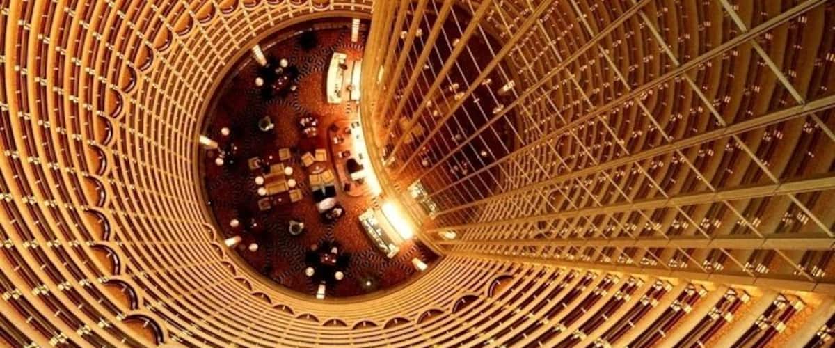 View of the Grand Hyatt Shanghai from the observation deck. The hotel occupies floors 53-87 of the tower, making it one of the world's highest hotels and giving it the second tallest atrium.