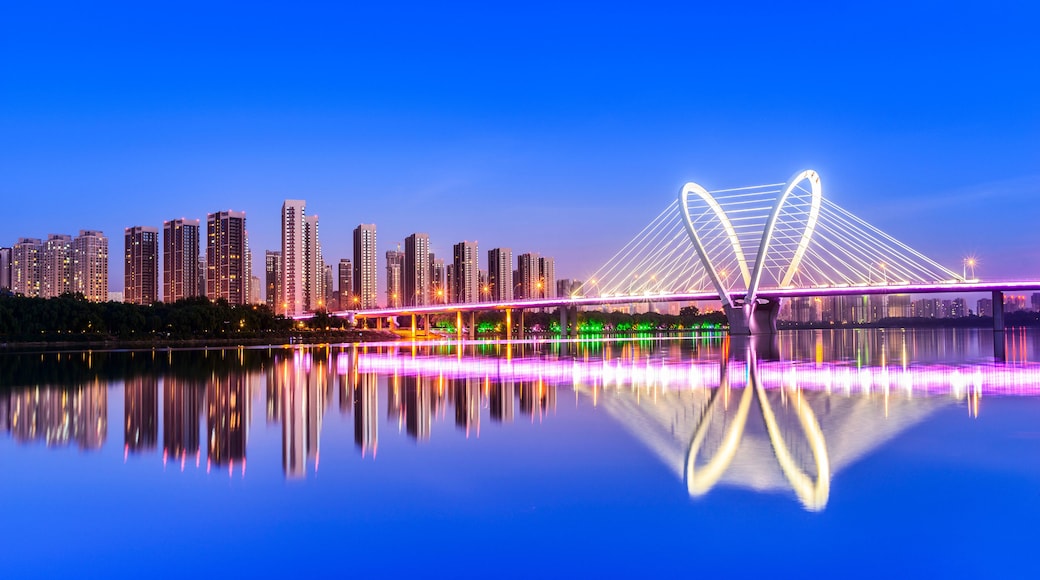 Modern bridge and skyscraper at dusk. Located in Shenyang, Liaoning, China.
