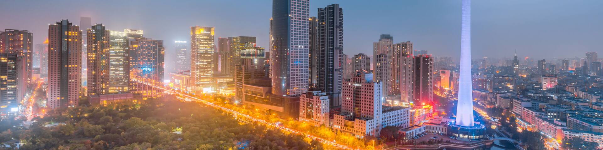 High angle night view of CBD in Shenyang, Liaoning, China