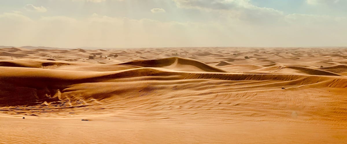 A vast desert landscape with undulating sand dunes under a clear sky.