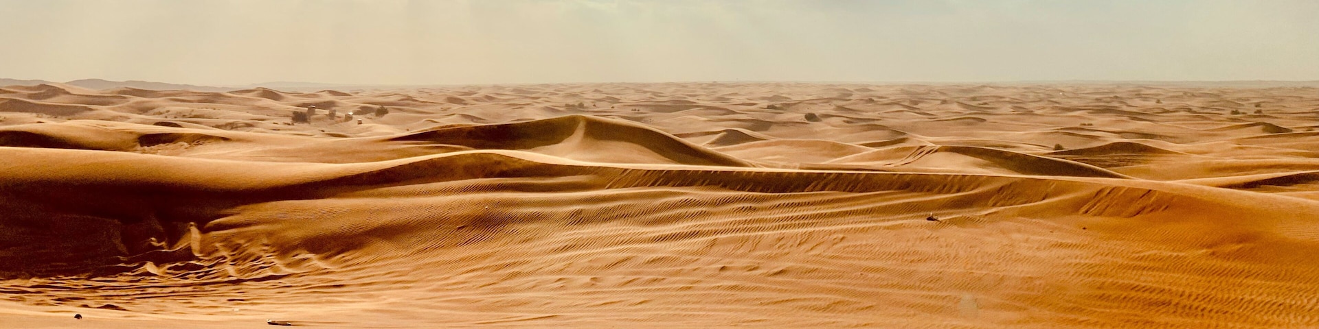 A vast desert landscape with undulating sand dunes under a clear sky.