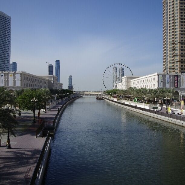 Un río con una noria al fondo, rodeado de edificios modernos y palmeras.