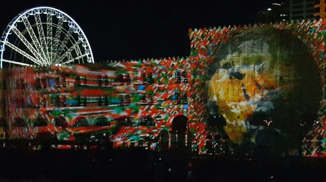 Magnificent light and music motion picture painted on the back of Alqasba building, yearly show not to miss #UAE #light #festival #colors #colorful #amazing #beautiful #like #love #tourism