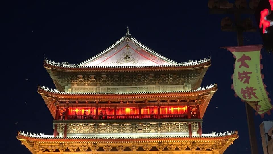 The well lit drum tower in Xian city