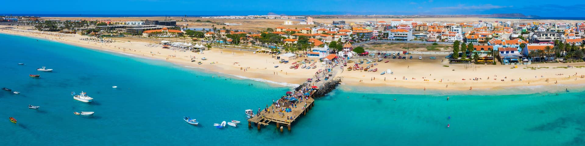 Aerial view of Santa Maria, Sal Island, Cape Verde (Cabo Verde). Drone, panorama.