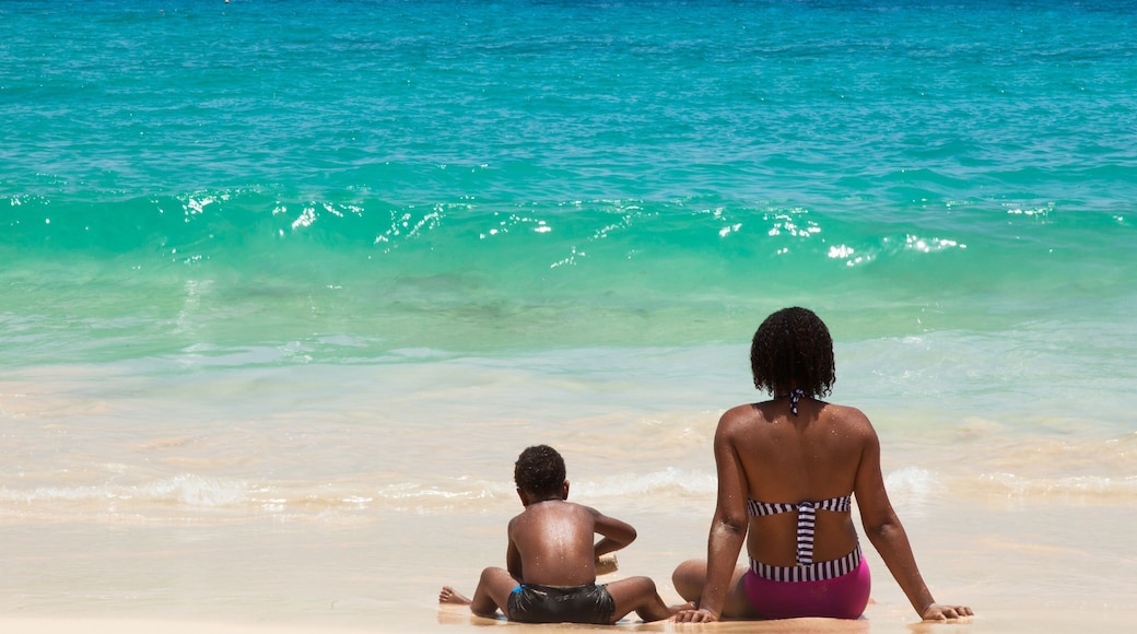 People seated on the sand in front of the Ocean at Santa Maria B